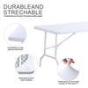 White stretch elastic tablecloth cover showing close-ups of its material and fit