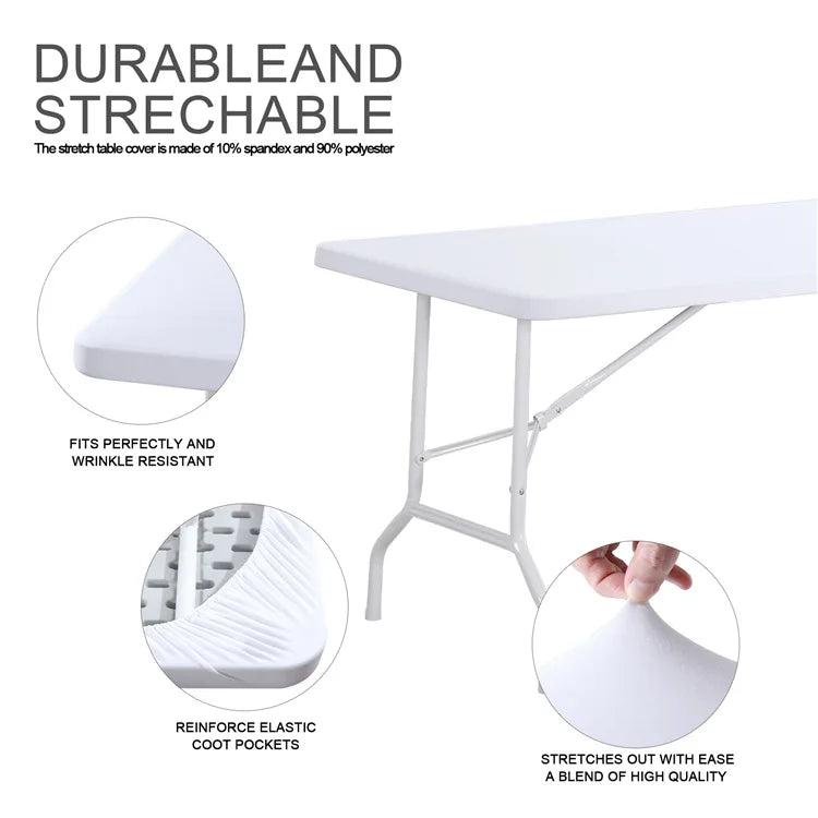White stretch elastic tablecloth cover showing close-ups of its material and fit