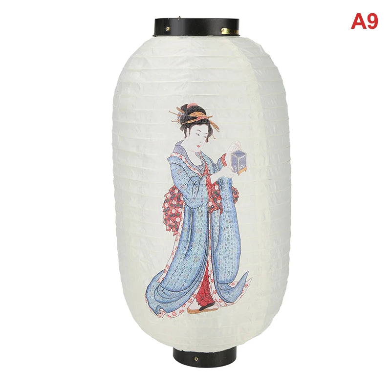 A white paper hanging lantern depicting a woman in traditional blue and red attire holding a box.
