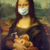 A painting of a woman with long dark hair wearing a medical mask, holding rolled-up tissues.