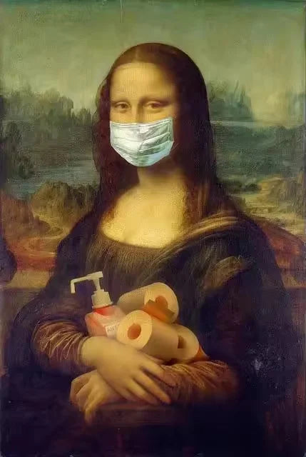 A painting of a woman with long dark hair wearing a medical mask, holding rolled-up tissues.