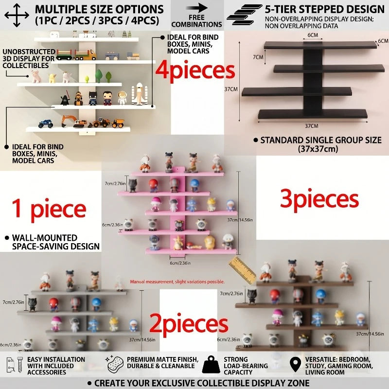 A set of 5 tiered floating wall shelves for displaying collectibles and models in various sizes
