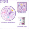 A set of 60 pieces including paper plates, napkins, and cups featuring a butterfly theme in purple and pink.
