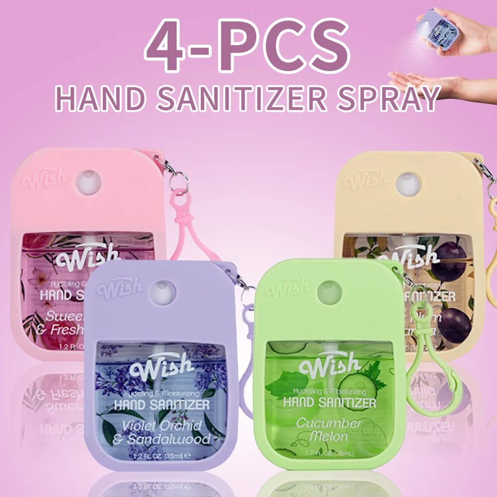 Four packs of Wish hand sanitizer spray in various fruit fragrances including violet orchid and cucumber melon