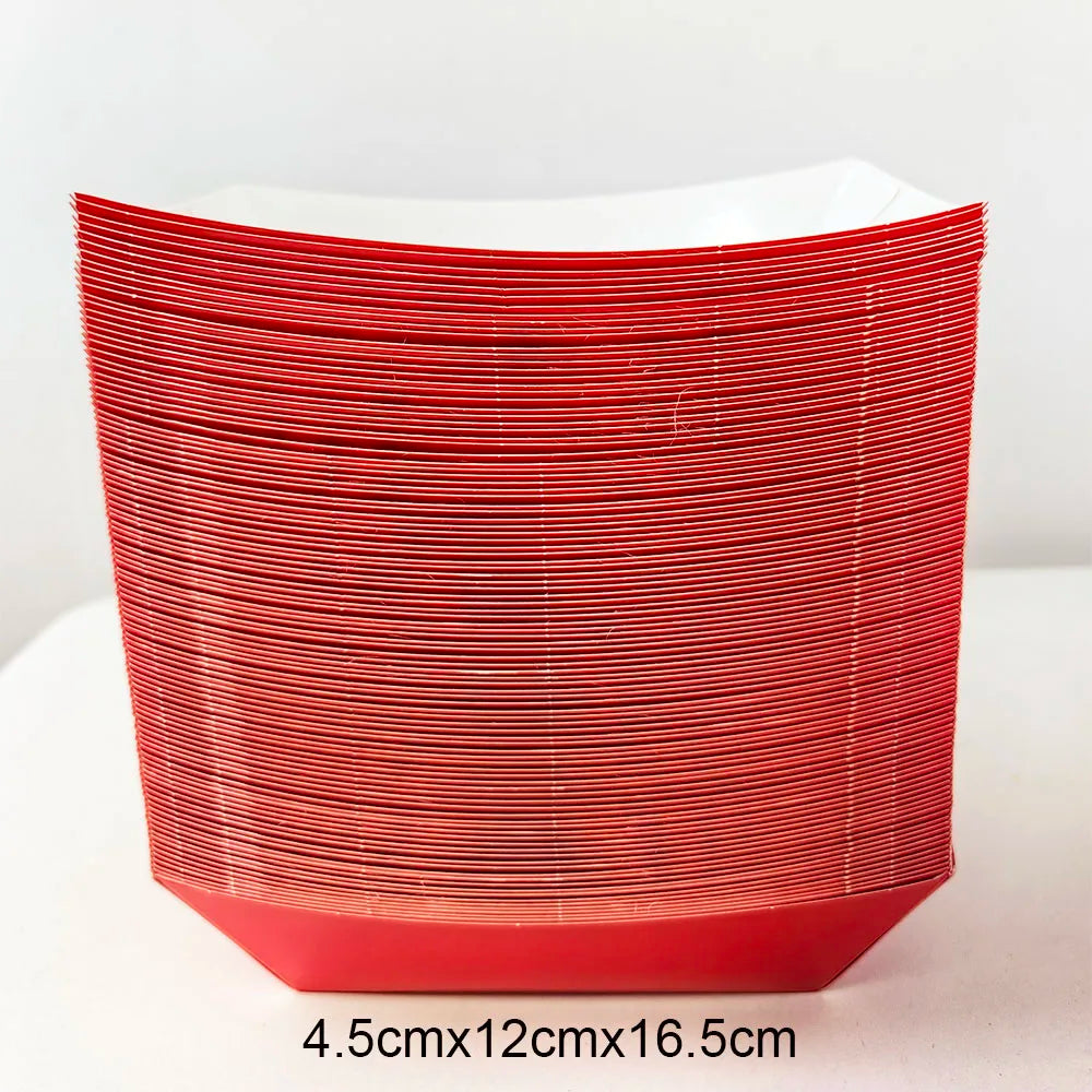 A stack of solid red disposable paper food trays, measuring 4.5cm x 12cm x 16.5cm.