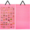 A pink felt organizer display showing various jewelry and earrings arranged in small compartments.