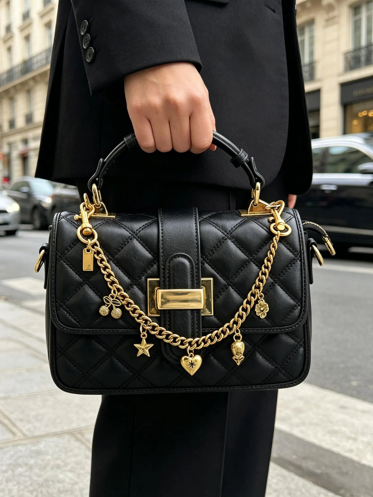 A black quilted handbag with gold chain detailing is held by a person in a dark suit.