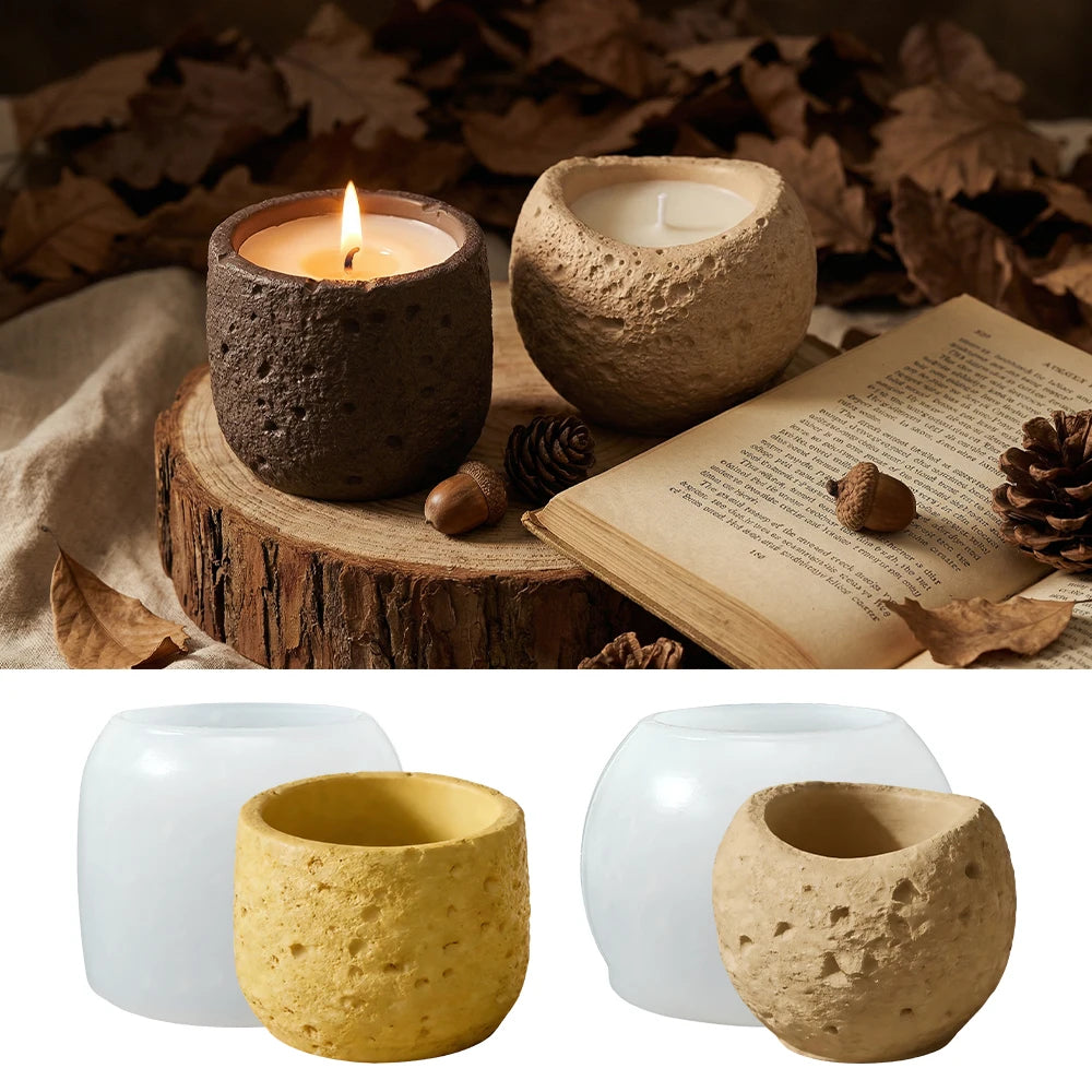 Three silicone molds in white and natural beige colors showing moon texture for candles, resin, and concrete