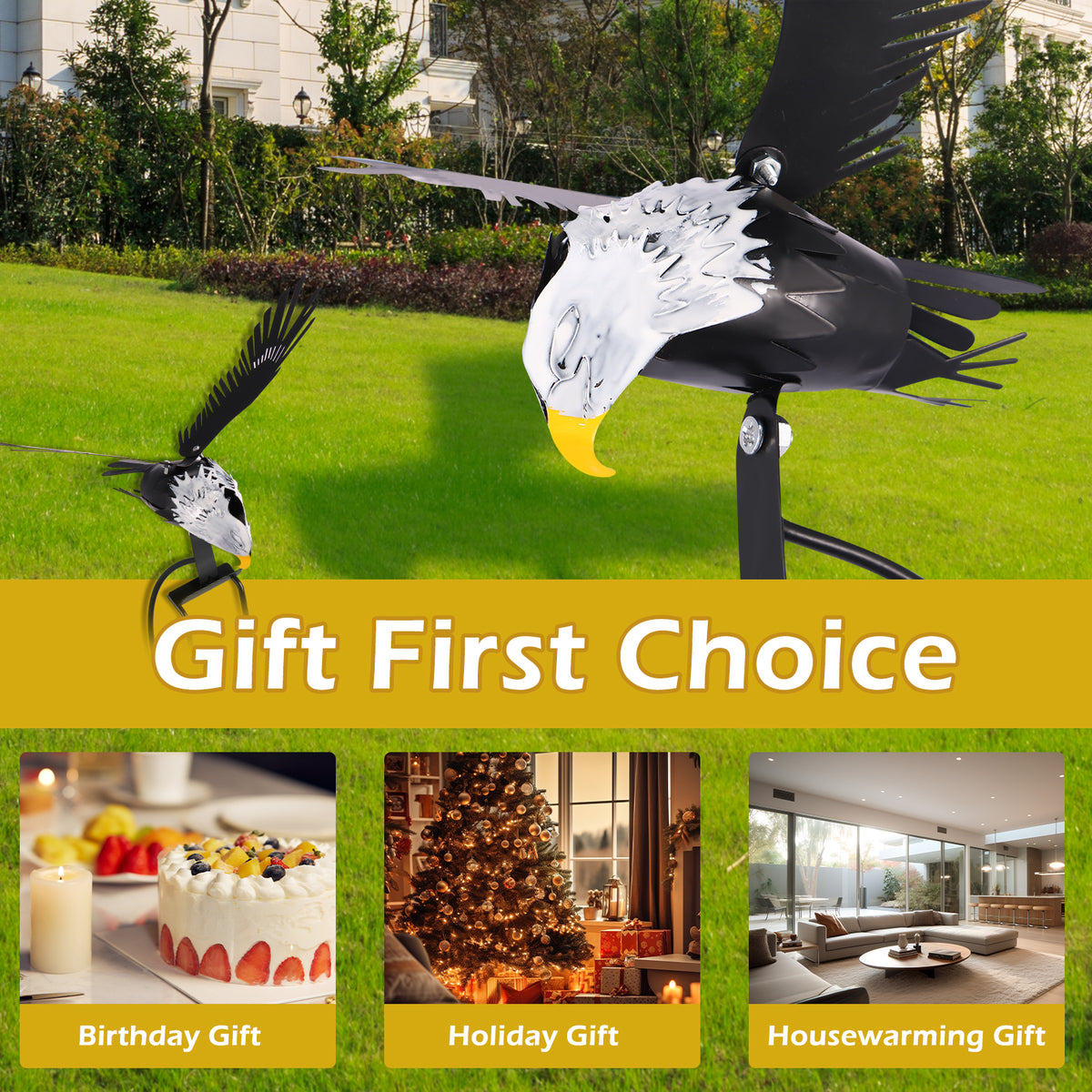 A black and white wind spinner garden decoration shown with birthday, holiday, and housewarming gift options.