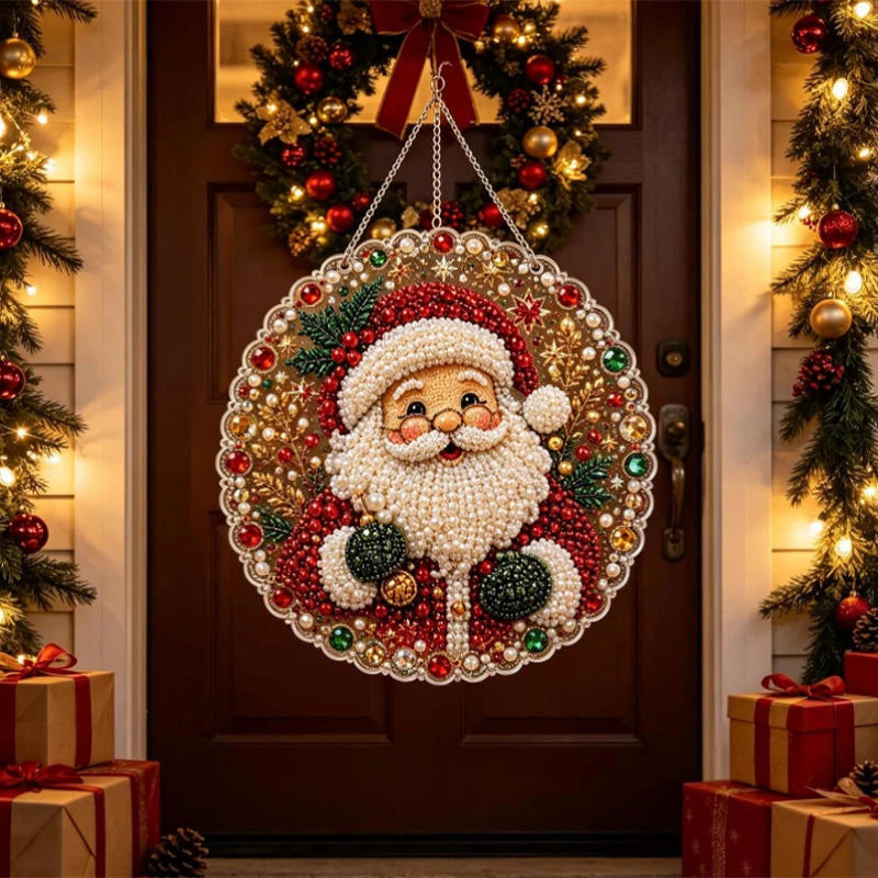 Christmas pearl diamond painting suncatcher kit hanging on a door with festive greenery and gifts