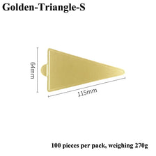 A golden triangle-shaped dessert cake board, 64mm high and 115mm long.