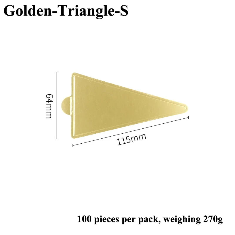 A golden triangle-shaped dessert cake board, 64mm high and 115mm long.