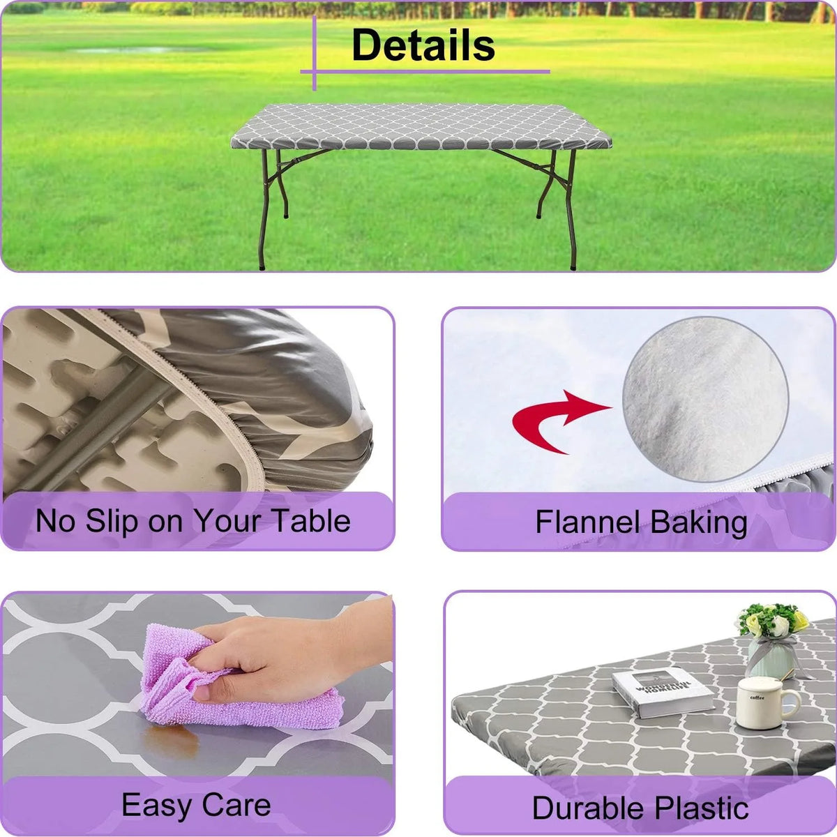 A set of elastic fitted rectangle tablecloths shown with details, including features like no slip, flannel baking, easy care,