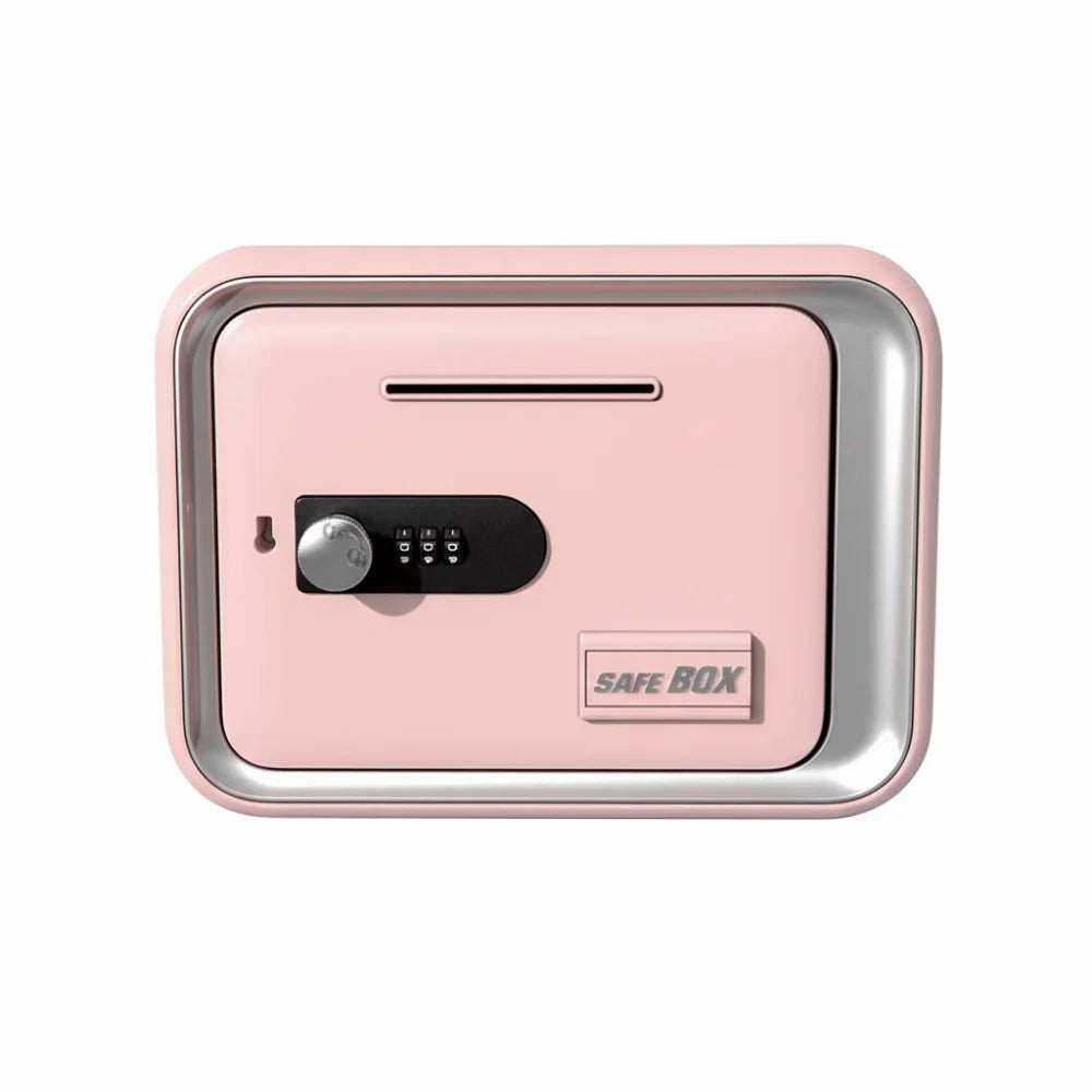 A pink password-protected piggy bank with a digital lock and a silver trim.