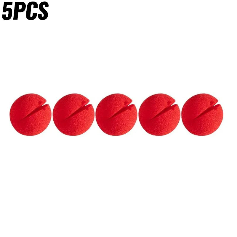 Five bright red foam balls shaped like clown noses for costumes and parties