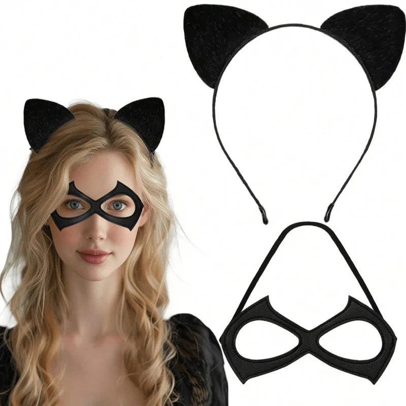 A woman models a black cat ear headband and eye mask set for costume parties.