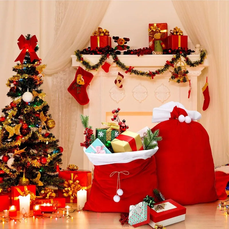 Festive red velvet Santa Claus gift bags displayed on a fireplace mantel with Christmas decorations.