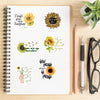 Spiralnotizseite mit Sonnenblumenmotiven und Zitaten über Sonnenschein und Wachstum durch Herausforderungen
