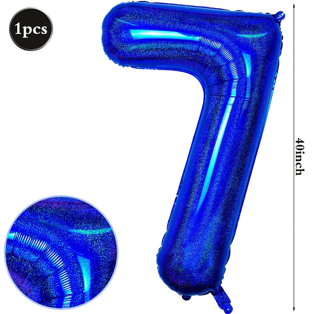 A bright blue foil number balloon shaped like the number 7 for birthday and party decoration.