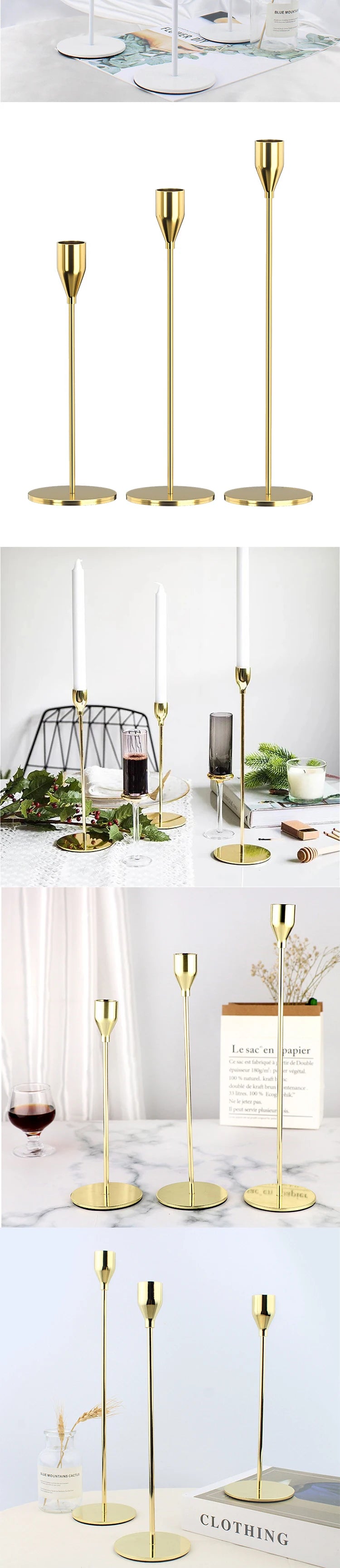A set of three elegant gold metal candle holders displayed against a white background.