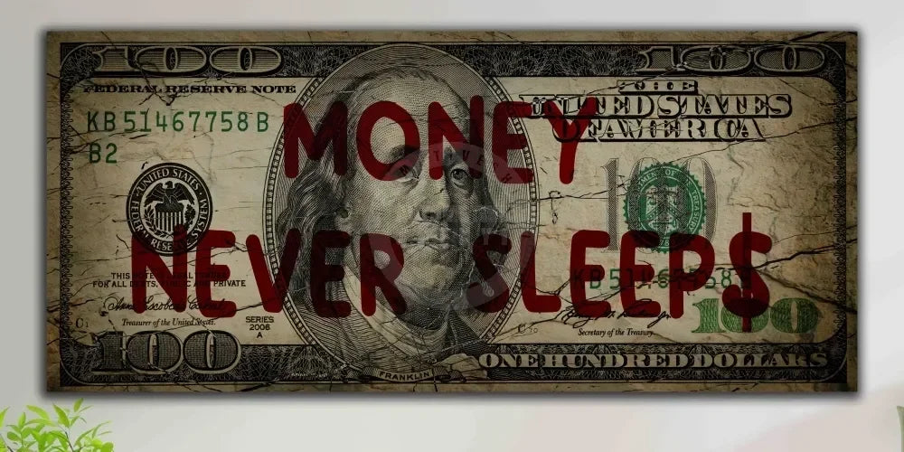 A distressed, vintage-style artwork print depicting a hundred dollar bill with the text Money Never Sleeps.