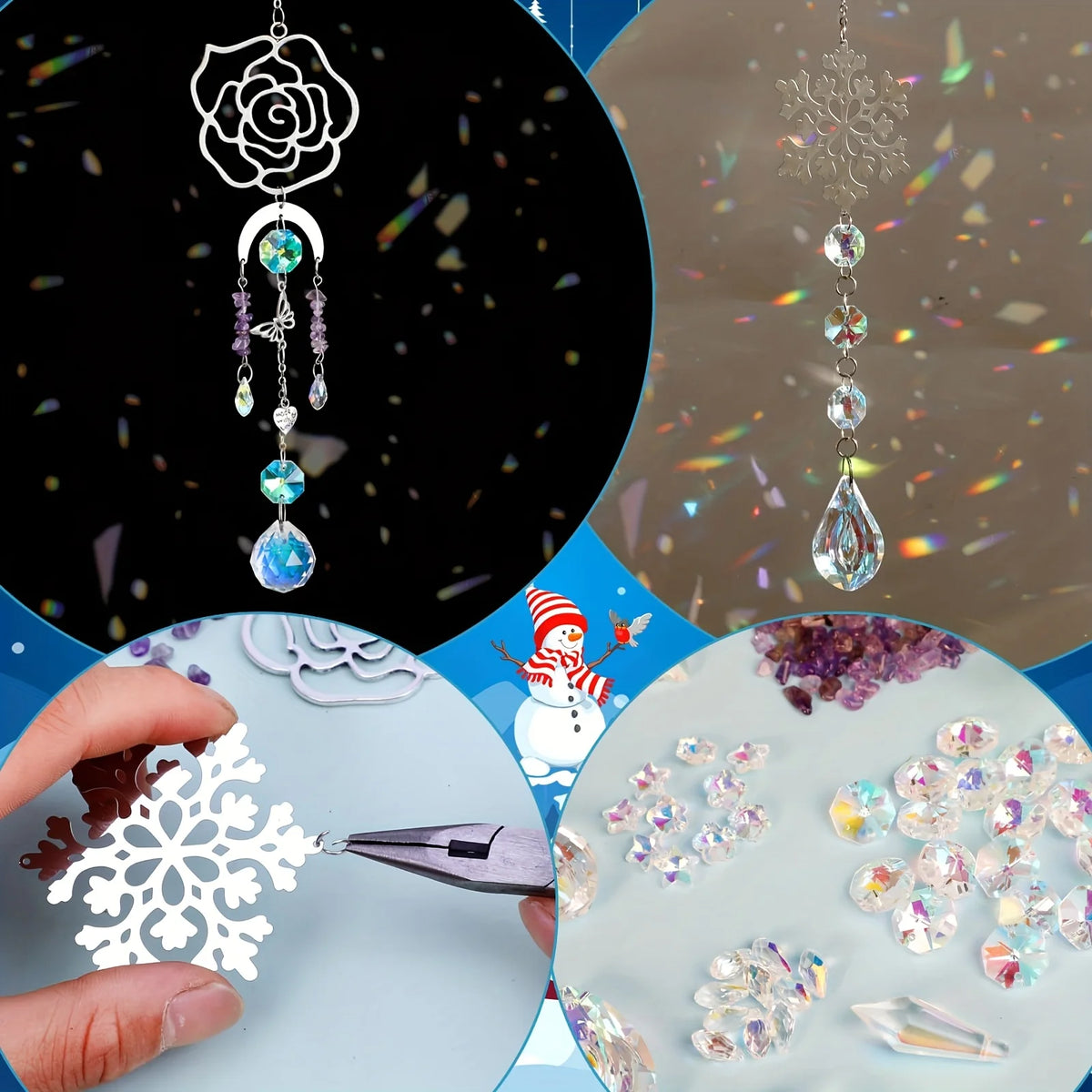 Kit DIY réflecteur de lumière arc-en-ciel en cristal montrant un pendentif rose argenté et un charm de flocon de neige en cri