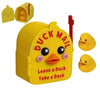 Yellow magnetic duck mailbox cover with a hidden duckling inside and an accompanying yellow duck figure.