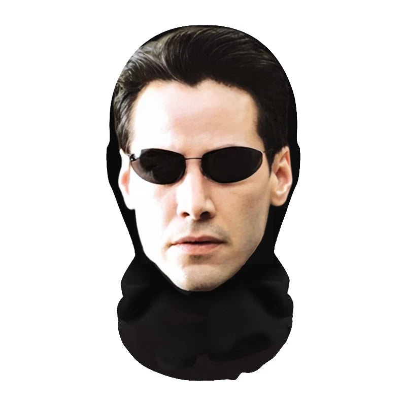 A realistic full-face cosplay mask with dark sunglasses covering the eyes and a black fabric covering the lower face.