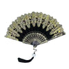 Elegant folding fan with traditional Chinese design featuring black and gold intricate patterns