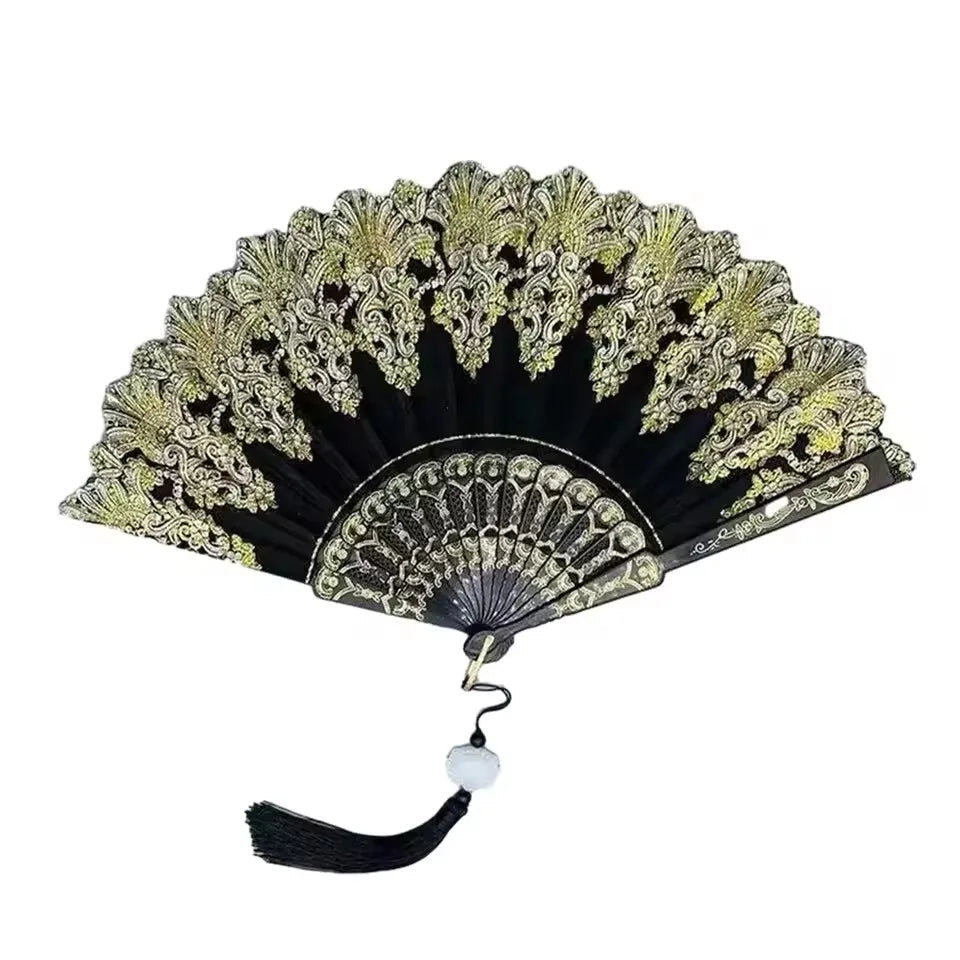 Elegant folding fan with traditional Chinese design featuring black and gold intricate patterns