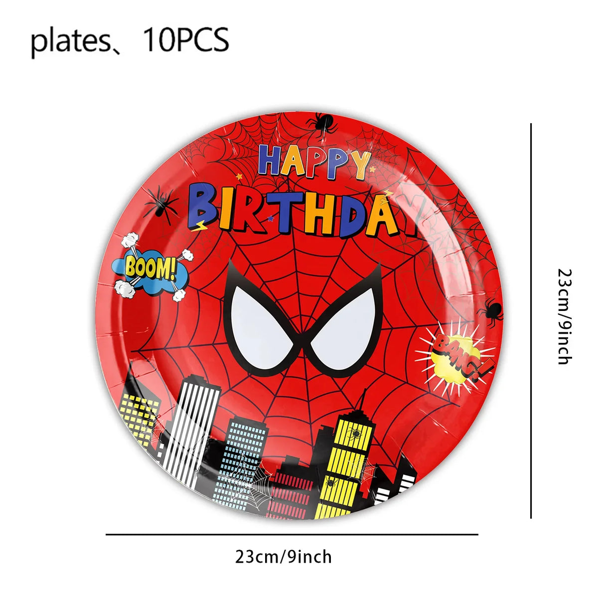 A red plate featuring a Spider-Man themed birthday design with city skyline and text.