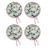 A pair of light pink floral foldable pocket fans with white and green leaves.