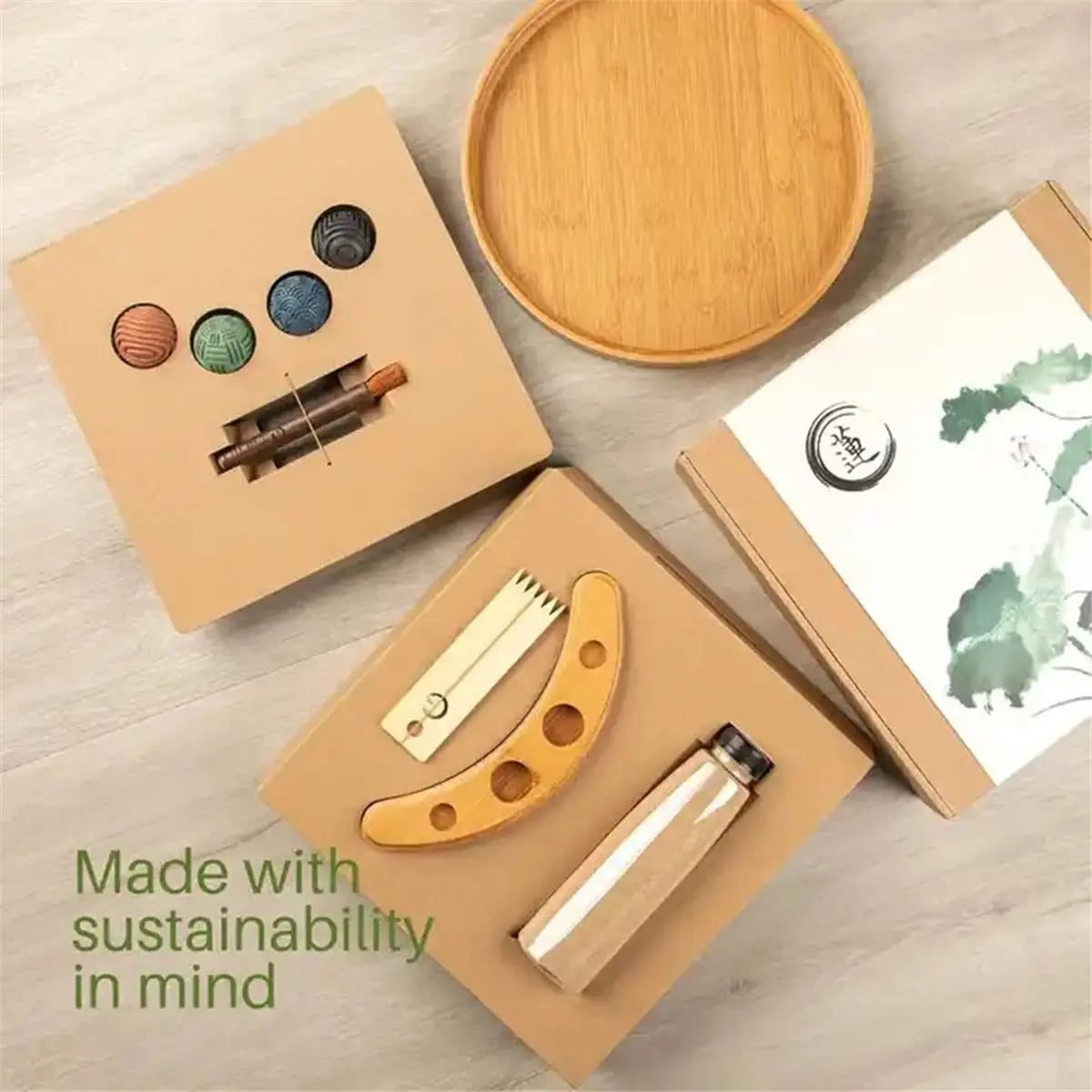 A set of wooden sensory items including bowls, tools, and a notebook displayed on a light wood background.