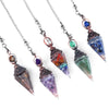 A set of natural crystal pendulum necklaces featuring various colored gemstones like blue, green, and purple.