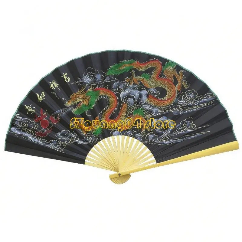 A large decorative Chinese theme wall fan featuring a dragon design on a black and gold background.
