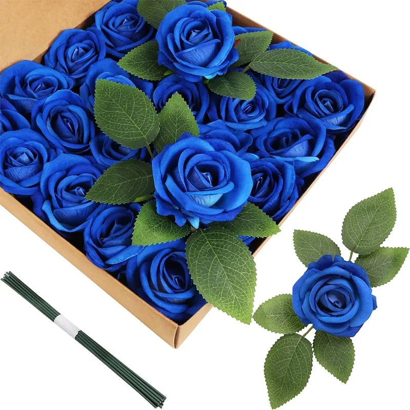 A box filled with 50 artificial blue velvet roses and green leaves.