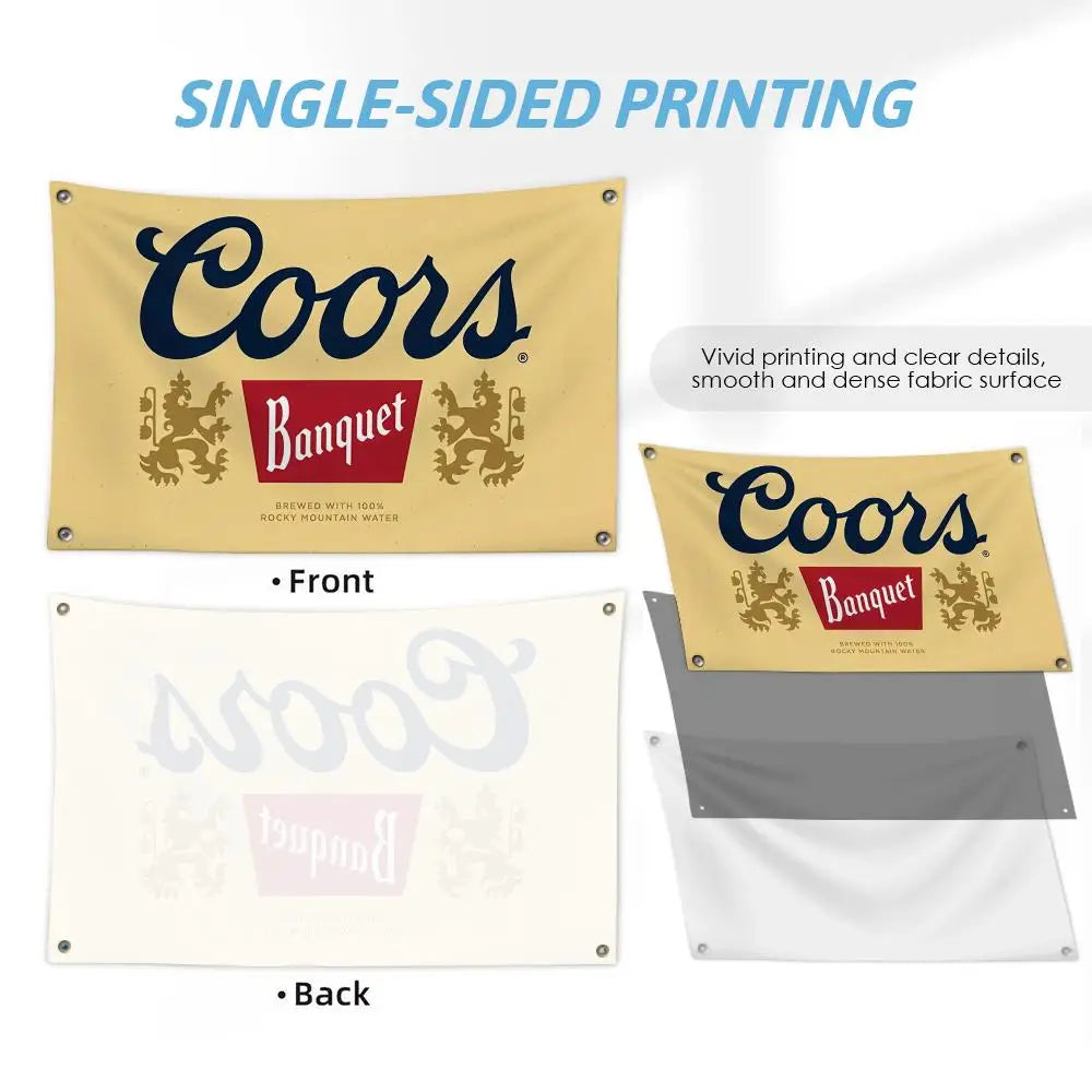 Single-sided printing demonstration showing a Coors Banquet beer logo wall banner front and back.