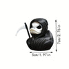 A black 3D printed statue of a Grim Reaper duck with a hood and a scythe, shown from the side.
