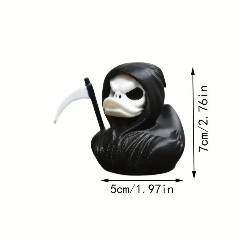 A black 3D printed statue of a Grim Reaper duck with a hood and a scythe, shown from the side.