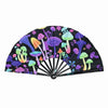 A black folding hand fan decorated with colorful fluorescent mushrooms and flowers.