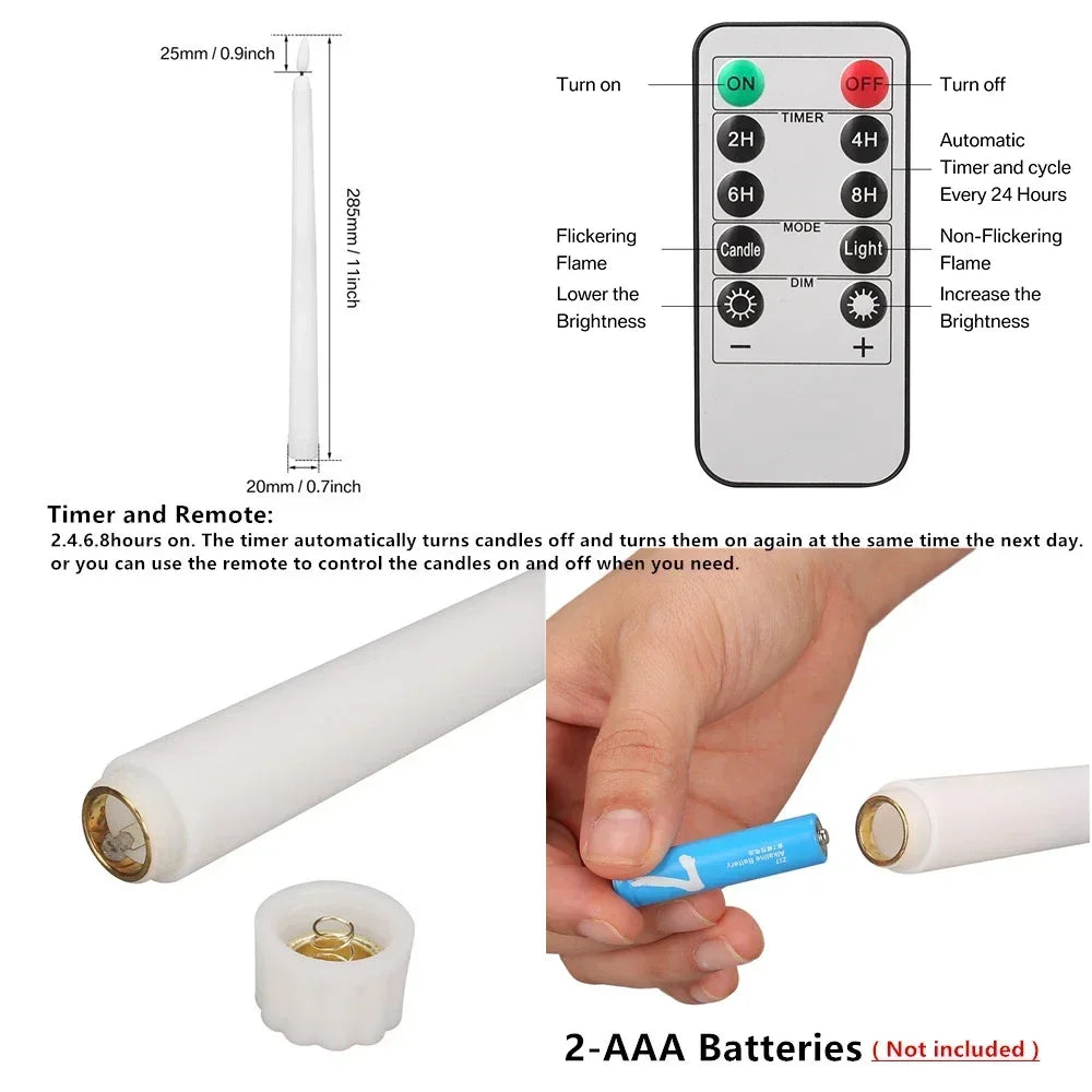 Flameless LED taper candles with a remote control and timer shown next to AA batteries
