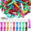 A collection of colorful aluminum bottle opener keychains in various colors and finishes.