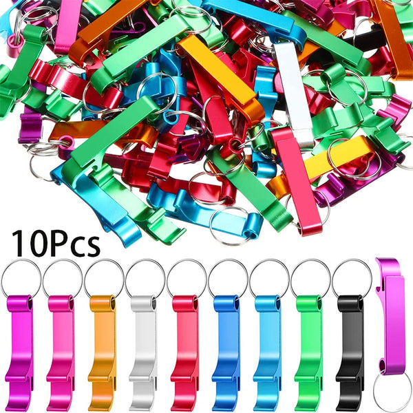 A collection of colorful aluminum bottle opener keychains in various colors and finishes.