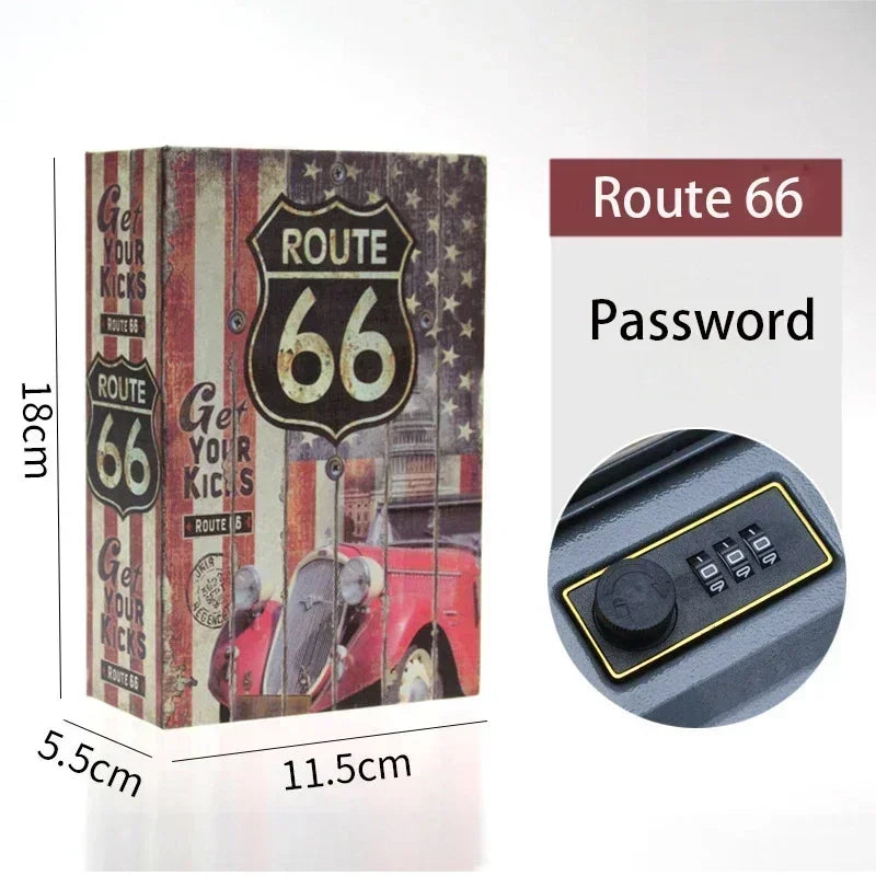 A book-shaped hidden safe labeled Route 66 with a combination lock and a password entry panel.