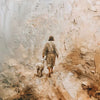 Abstract painting depicting a figure walking on textured, light-toned water surface with a dog.