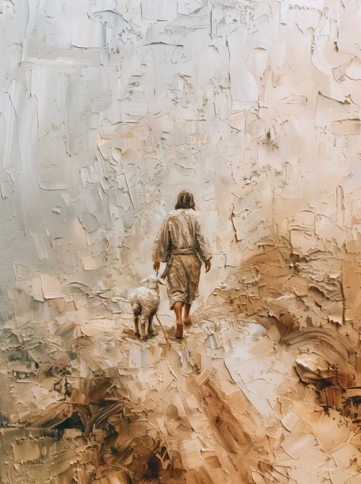 Abstract painting depicting a figure walking on textured, light-toned water surface with a dog.