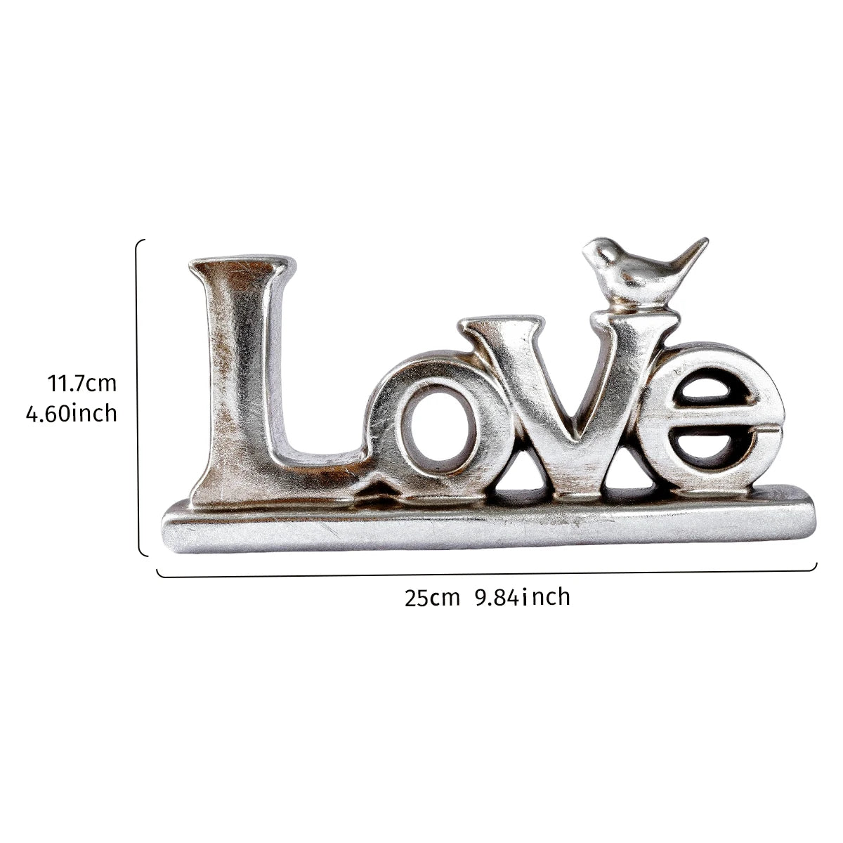 Silver resin letters spelling LOVE with a retro gold and silver foil finish