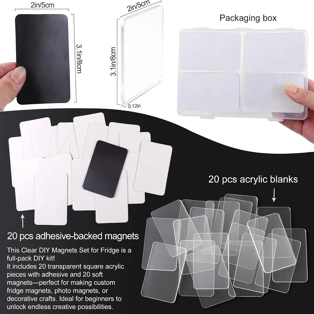 A set of 20 clear adhesive-backed acrylic blanks for making custom fridge magnets.