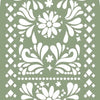 A decorative white floral and geometric pattern on a sage green background for an event backdrop.
