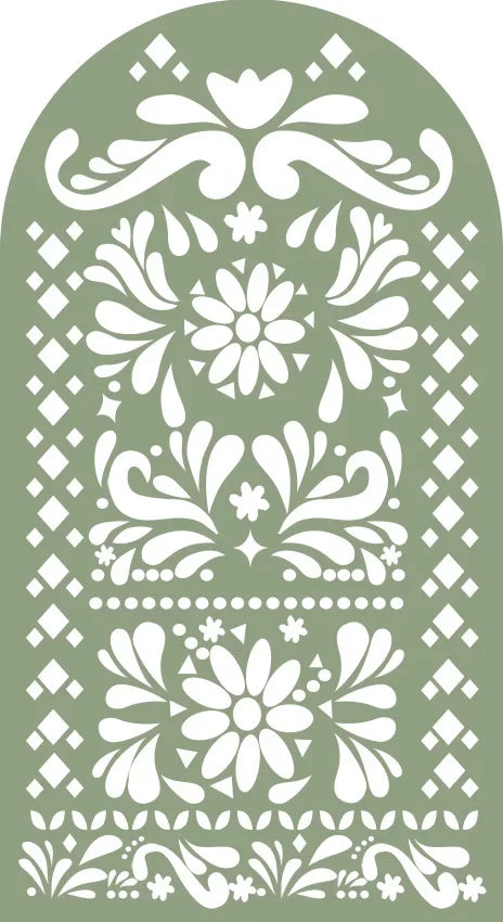 A decorative white floral and geometric pattern on a sage green background for an event backdrop.